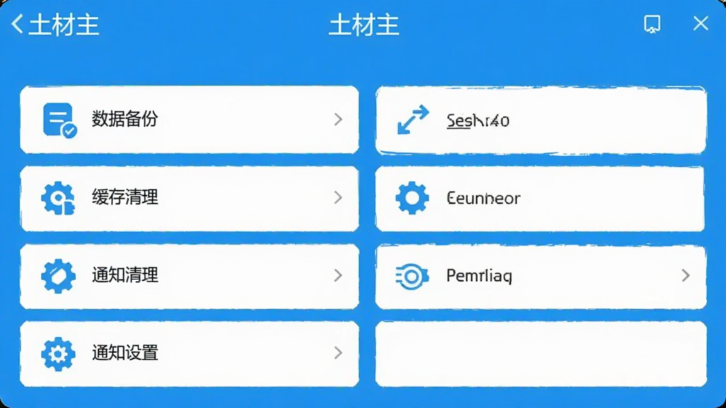 土材主软件设置界面截图,屏幕显示“土材主”文字,包含数据备份、缓存清理、通知设置等选项,蓝白配色,图标简洁,布局清晰,画质干净无多余元素