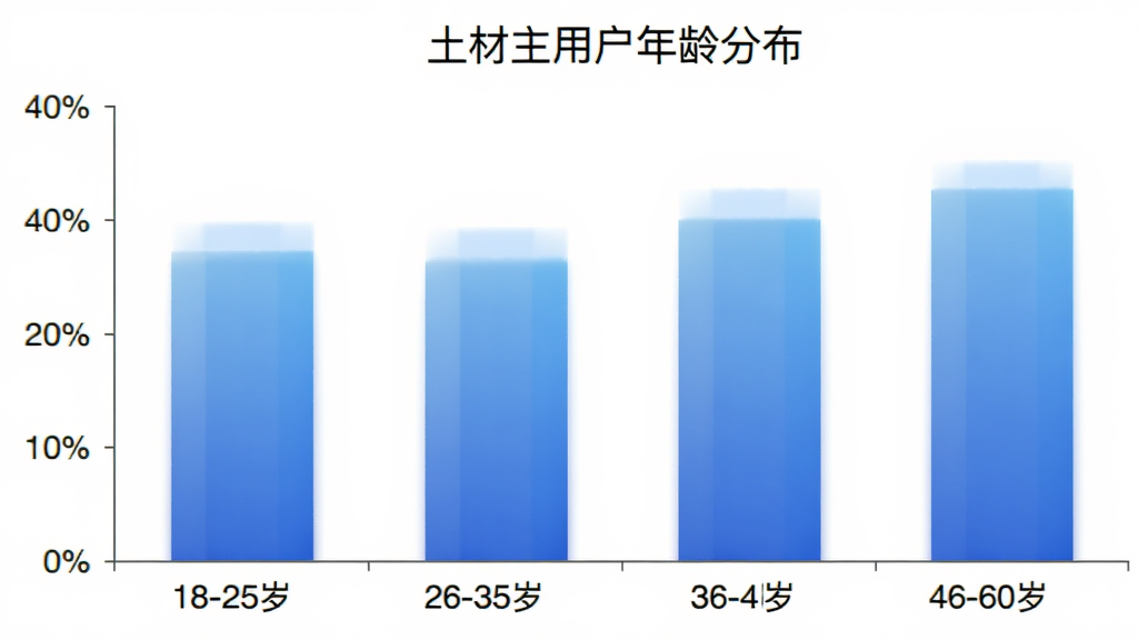 柱状图展示土材主用户年龄分布,横轴为18-25岁、26-35岁、36-45岁、46-60岁四个年龄段,纵轴为用户占比百分比,柱体为蓝色渐变,图表标题为“土材主用户年龄分布”,背景白色,简洁商务风格,画质干净无多余元素
