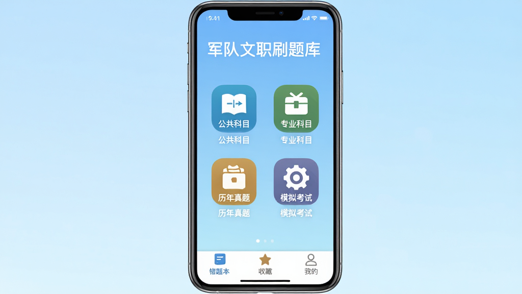 军队文职刷题库App主界面截图,手机屏幕居中展示,背景是浅蓝色渐变,顶部显示