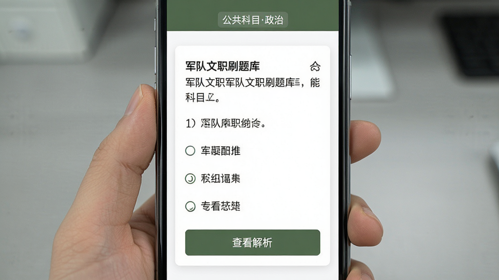军队文职刷题库题库界面展示,手机屏幕中显示一道军队文职公共科目选择题,题干清晰,下方四个选项排列整齐,选项下方有