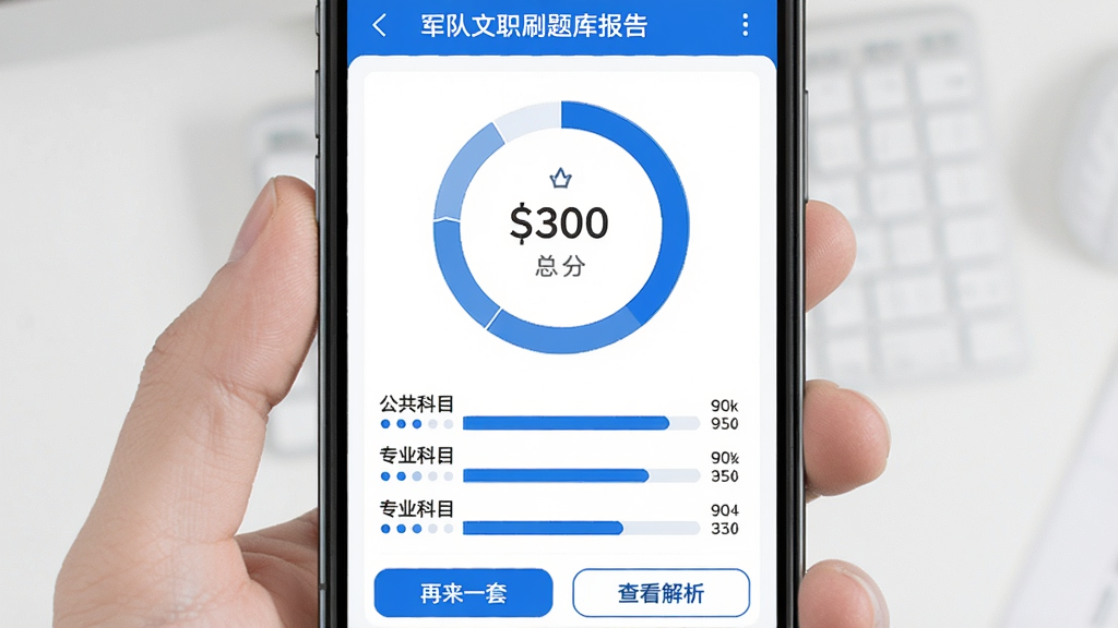 军队文职刷题库模拟考试成绩报告页面,手机屏幕显示环形得分图表,中间标注总分,下方列出公共科目、专业科目各模块得分率条形图,底部有