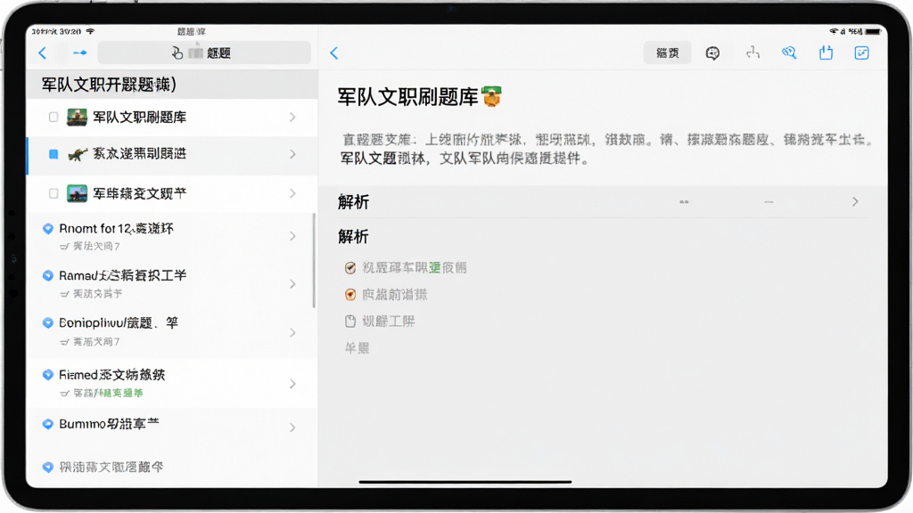 军队文职刷题库在平板设备上的分栏显示效果,左侧为题目列表,右侧为当前题目和解析内容,大屏幕布局充分利用空间,背景为浅灰色,文字清晰易读,界面设计简洁现代,画质干净无多余元素