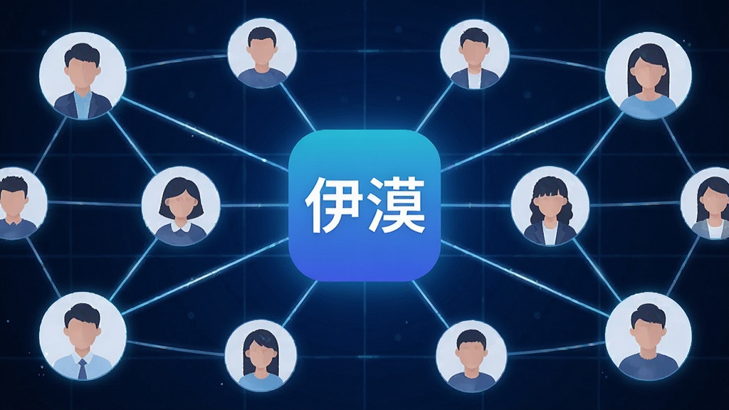 一张AI生成的社交匹配概念图,画面中多个人物头像通过发光的线条连接在一起,中心位置有
