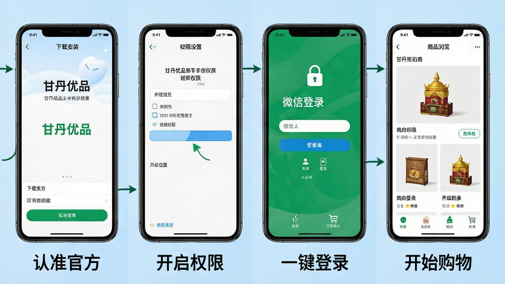 一张展示甘丹优品新手操作步骤的示意图,画面为手机屏幕截图拼图,从左到右依次是下载安装界面、权限设置界面、微信登录界面、商品浏览界面,每个界面下方有简短文字标注如“认准官方”“开启权限”“一键登录”“开始购物”,背景为浅蓝色,风格清晰教程风,画质干净,图片中打文字“甘丹优品”