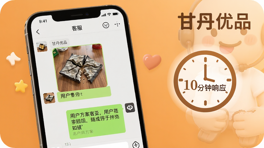 一张展示甘丹优品售后客服功能的场景图,画面中手机屏幕显示客服聊天界面,聊天记录中有用户发送的破损商品照片和客服回复的赔付方案,手机旁边有一个时钟图标显示“10分钟响应”,背景为暖橙色,风格亲切温暖,画质干净,图片中打文字“甘丹优品”