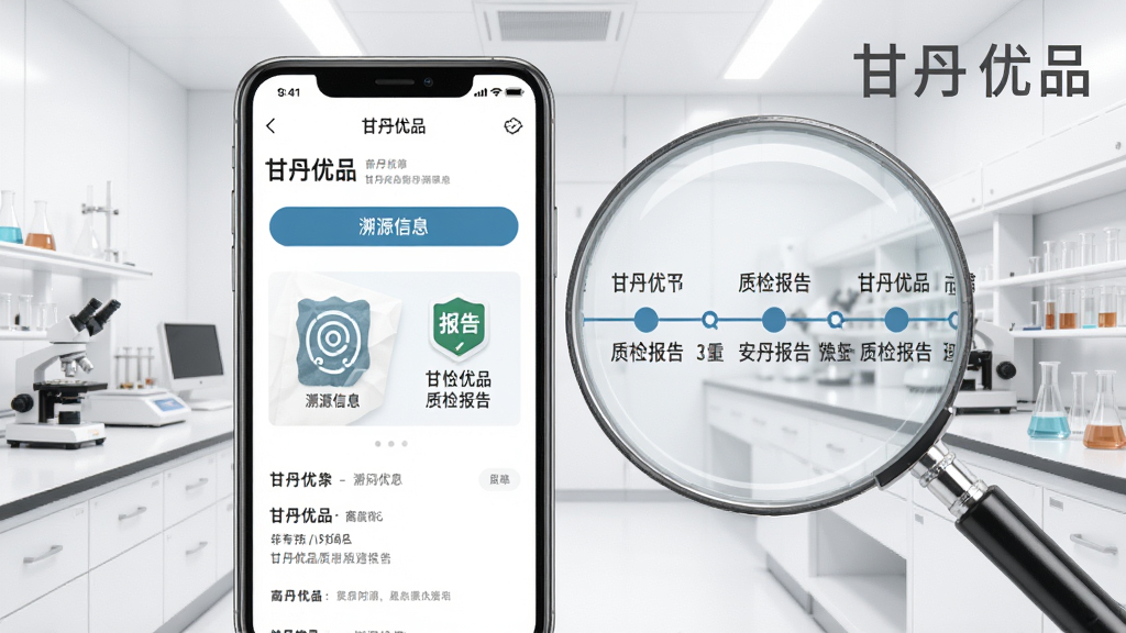 一张展示甘丹优品品质溯源功能的示意图,画面中央是手机屏幕显示商品详情页,页面中有“溯源信息”按钮和质检报告图标,手机旁边有一个放大镜效果展示溯源时间线,背景为干净的白色实验室风格,风格专业可信,画质干净,图片中打文字“甘丹优品”