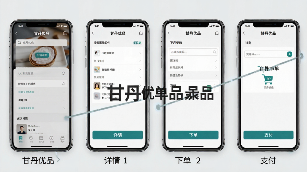 一张展示甘丹优品操作流畅性的界面图,画面展示手机屏幕从搜索到下单的四个步骤截图拼接,每个步骤界面简洁明了,底部有“搜索”“详情”“下单”“支付”的文字标注,背景为浅灰色,风格极简科技感,画质干净无多余元素,图片中打文字“甘丹优品”