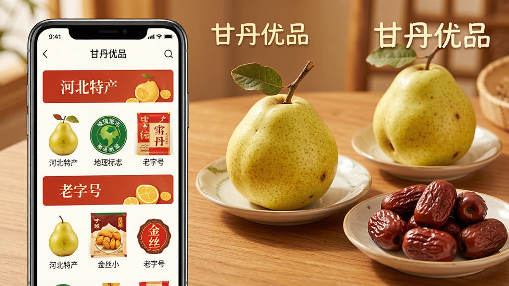 一张展示甘丹优品本地好物精选功能的场景图,画面左侧是手机屏幕显示甘丹优品App的商品分类页面,分类标签有“河北特产”“地理标志”“老字号”等,右侧是几个河北特产实物如雪花梨、金丝小枣的精致摆盘,背景为暖色调木质桌面,风格温馨生活化,画质清晰,图片中打文字“甘丹优品”
