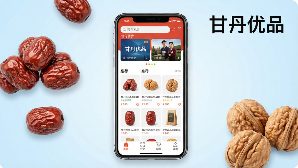 一张展示甘丹优品App核心全貌的宣传图,画面中央是手机屏幕,屏幕内显示甘丹优品App主界面,顶部有搜索栏和轮播图,中间是商品推荐瀑布流,底部有首页、分类、购物车、我的四个导航图标,手机周围散落着河北特产如红枣、核桃的实物元素,背景为淡蓝色渐变,整体风格清新现代,画质干净无多余元素,图片中打文字“甘丹优品”