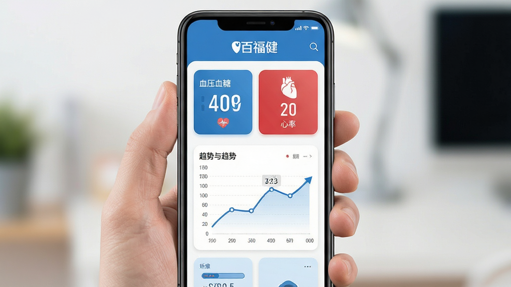 百福健 健康数据记录界面 血压血糖心率卡片 趋势折线图 蓝色主题 数字清晰 布局整齐 扁平风格 手机屏幕展示 画质干净无多余元素