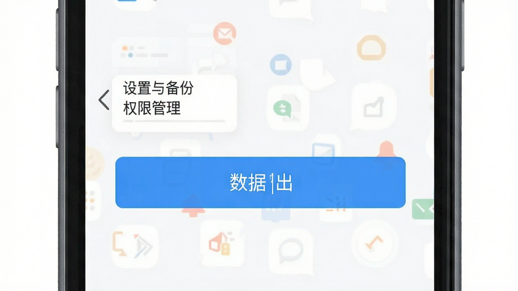 百福健 设置与备份界面 权限管理选项 数据导出按钮 蓝色高亮 手机屏幕展示 扁平设计 画质干净无多余元素