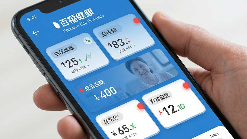 百福健 家人健康关注界面 多成员数据卡片 血压血糖数值 异常提醒红点 蓝色背景 扁平卡片 手机屏幕展示 画质干净无多余元素