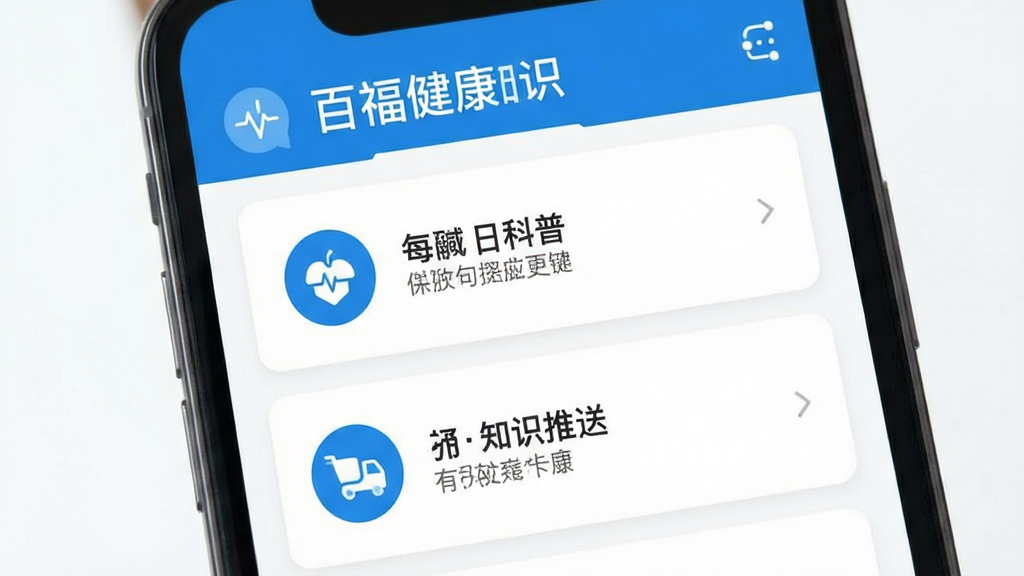 百福健 健康知识推送界面 每日科普卡片 文字清晰 蓝色图标 简洁列表 手机屏幕展示 扁平设计 画质干净无多余元素