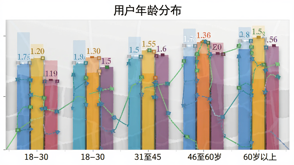 百福健 用户年龄分布柱状图 18到30岁 31到45岁 46到60岁 60岁以上 不同颜色柱子 数据标签清晰 简洁图表风格 画质干净无多余元素