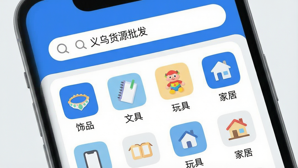 一张手机屏幕展示“义乌货源批发”App主界面的图片,画面中央是简洁的蓝白配色界面,顶部搜索框内写着“义乌货源批发”,下方整齐排列着“饰品”、“文具”、“玩具”、“家居”等分类图标,背景是干净的浅灰色,风格现代扁平,细节圆润,画质清晰,无多余元素