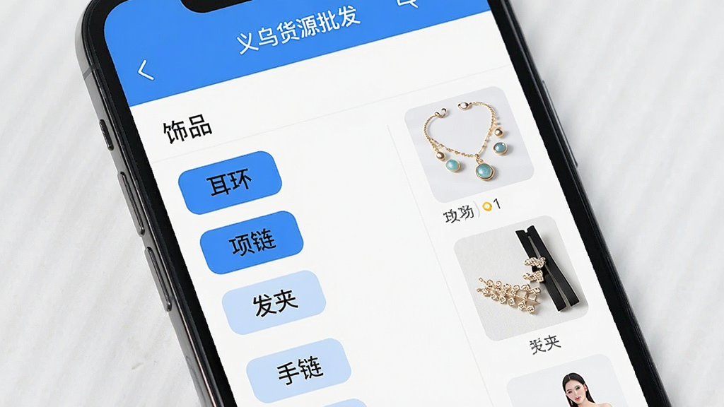 一张展示“义乌货源批发”App分类页面的图片,画面中手机屏幕显示“饰品”分类下的子分类列表,包括“耳环”、“项链”、“发夹”、“手链”等标签,右侧有对应的商品小图,界面布局清晰,蓝白配色,风格简洁现代,画质干净
