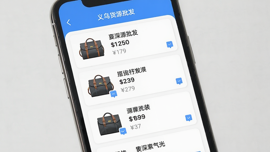 一张展示“义乌货源批发”App收藏夹页面的图片,画面中手机屏幕显示一个收藏列表,每个商品卡片上有商品图、名称和价格,卡片右下角有备注小图标,界面整洁,蓝白配色,风格清爽,画质清晰,无多余元素