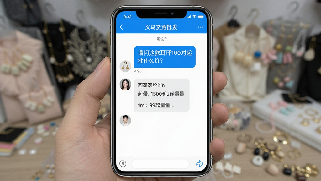 一张展示“义乌货源批发”App询价聊天界面的图片,画面中手机屏幕显示与商家的对话窗口,用户发出“请问这款耳环100对起批什么价?”商家回复了价格和起批量,界面简洁,对话气泡清晰,蓝白配色,风格清爽,画质干净