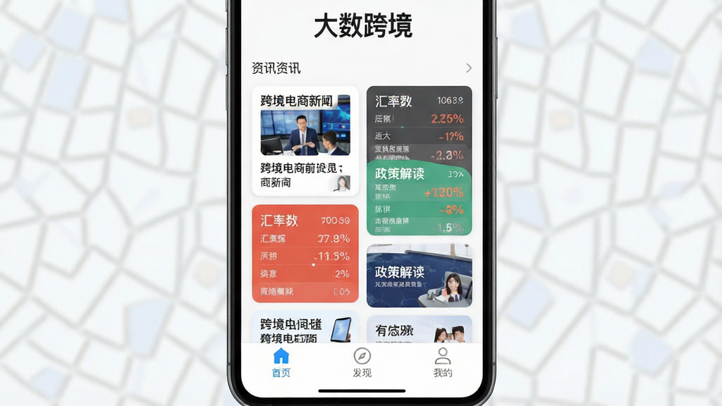 一张手机屏幕展示大数跨境APP主界面的图片,界面顶部有“大数跨境”文字标识,中间是资讯卡片瀑布流,包含跨境电商新闻、汇率数据、政策解读等内容模块,底部有首页、发现、我的三个导航标签,背景干净,风格现代扁平,画质清晰,无多余元素