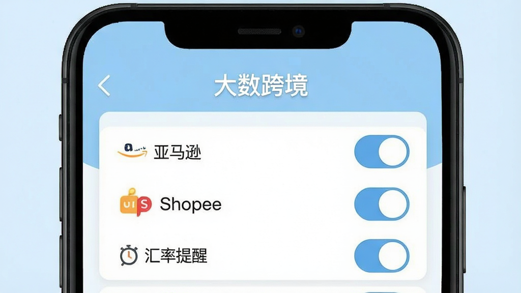 一张展示大数跨境APP个性化订阅设置的图片,手机屏幕显示订阅管理界面,有“亚马逊”“Shopee”“汇率提醒”等开关按钮,顶部有“大数跨境”文字,背景为淡蓝色,风格设置页扁平化,细节清晰,画质干净无多余元素