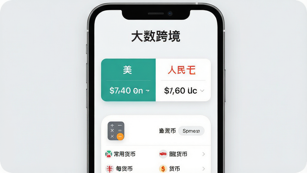 一张展示大数跨境APP汇率换算工具的图片,手机屏幕中央显示汇率换算界面,上方有“大数跨境”标题,中间是美元与人民币的换算框,下方有计算器图标和常用货币列表,背景为浅灰色,风格简洁实用,细节圆润,画质干净无多余元素