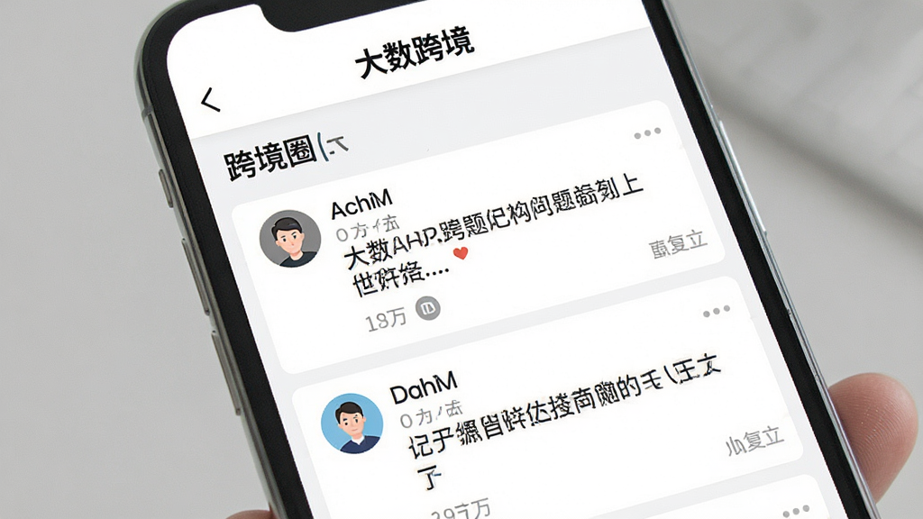 一张展示大数跨境APP社区互动界面的图片,手机屏幕显示“跨境圈”板块,帖子列表中有用户头像、昵称、问题标题和回复数量,顶部有“大数跨境”文字,背景为白色,风格社交化,细节清晰,画质干净无多余元素