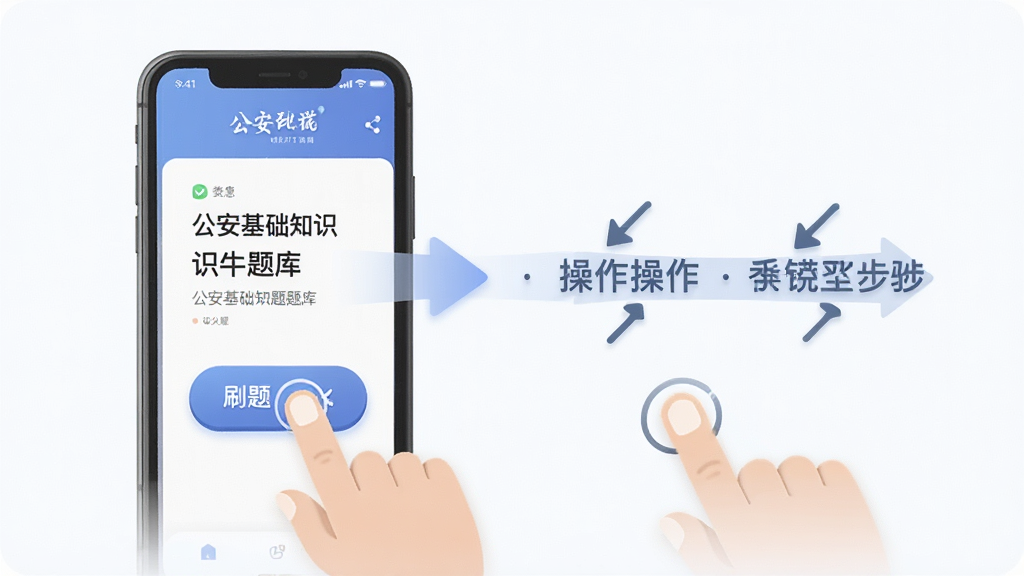 公安基础知识牛题库 手机操作示意图 主体是一部手机 屏幕上显示手指点击刷题按钮 旁边有箭头标注操作步骤 布局简洁 排版清晰 风格扁平化 细节圆润 画质干净 无多余元素