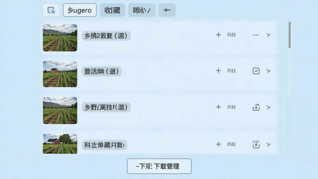 一张展示乡野科技离线收藏功能的界面示意图,画面中显示收藏列表页面,每个条目有缩略图和标题,顶部有分类标签,底部有下载管理按钮,背景为浅蓝色,整体风格简洁实用,画质干净无多余元素
