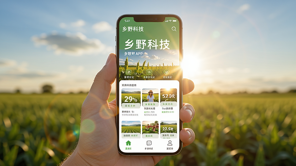 一张展示乡野科技APP在手机上运行的场景图,画面中一只手拿着手机,手机屏幕显示乡野科技首页界面,背景是模糊的田野和蓝天,手机周围有阳光光晕效果,整体风格温暖自然,画质清晰干净,无多余元素
