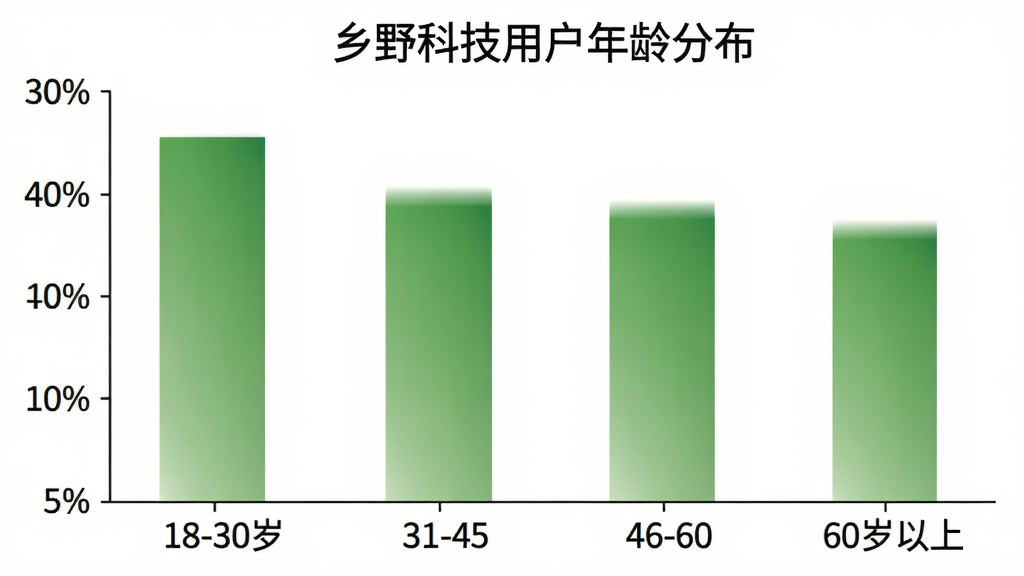 一张展示乡野科技用户年龄分布的柱状图,横轴为年龄段18-30岁、31-45岁、46-60岁、60岁以上,纵轴为用户占比百分比,柱子颜色为绿色渐变,图表标题为乡野科技用户年龄分布,背景为白色,整体风格简洁清晰,画质干净无多余元素