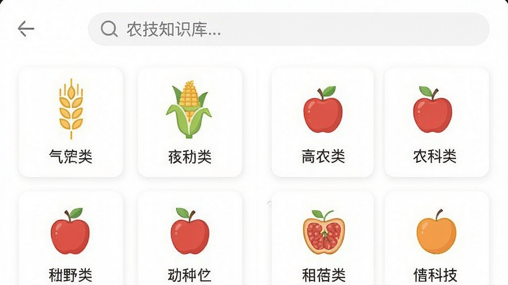 一张乡野科技APP内农技知识库页面的截图风格示意图,画面中显示多个作物分类卡片,卡片上有小麦、玉米、苹果等图标和文字标签,背景为白色,顶部有搜索框,整体排版整齐,风格简洁清新,画质干净无多余元素