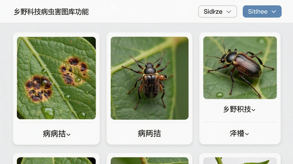 一张展示乡野科技病虫害图库功能的界面示意图,画面中显示多个病虫害图片卡片,卡片上有病斑特写和虫害照片,每张卡片下方有名称标签,背景为浅灰色,顶部有筛选按钮,整体风格专业清晰,画质干净无多余元素