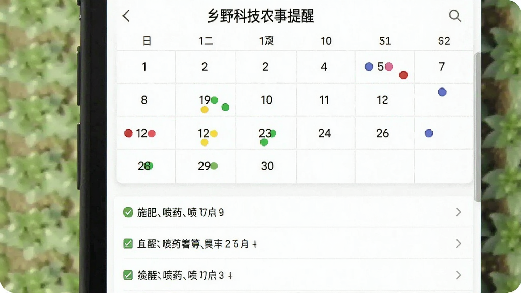 一张展示乡野科技农事提醒功能界面的示意图,画面中显示一个日历视图,日期下方有彩色圆点标记待办事项,下方列表显示具体提醒内容如施肥、喷药等,背景为白色,整体风格清爽直观,画质干净无多余元素