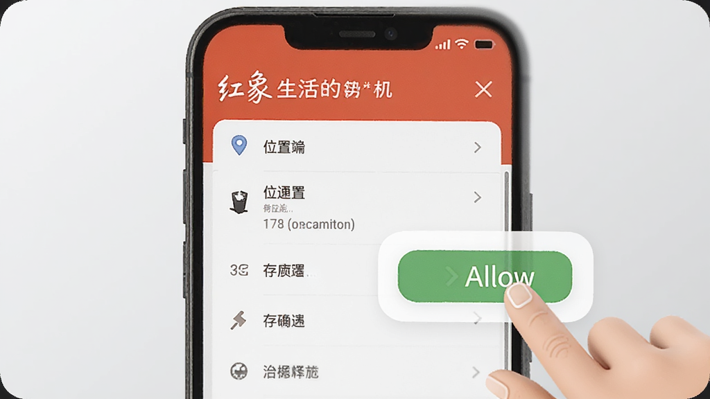 一张展示手机权限设置界面的图片,屏幕上显示红象生活的权限管理页面,有位置、存储等选项,旁边有手指点击允许的示意图,背景是简洁的灰色,风格科技感,画质清晰,无多余元素