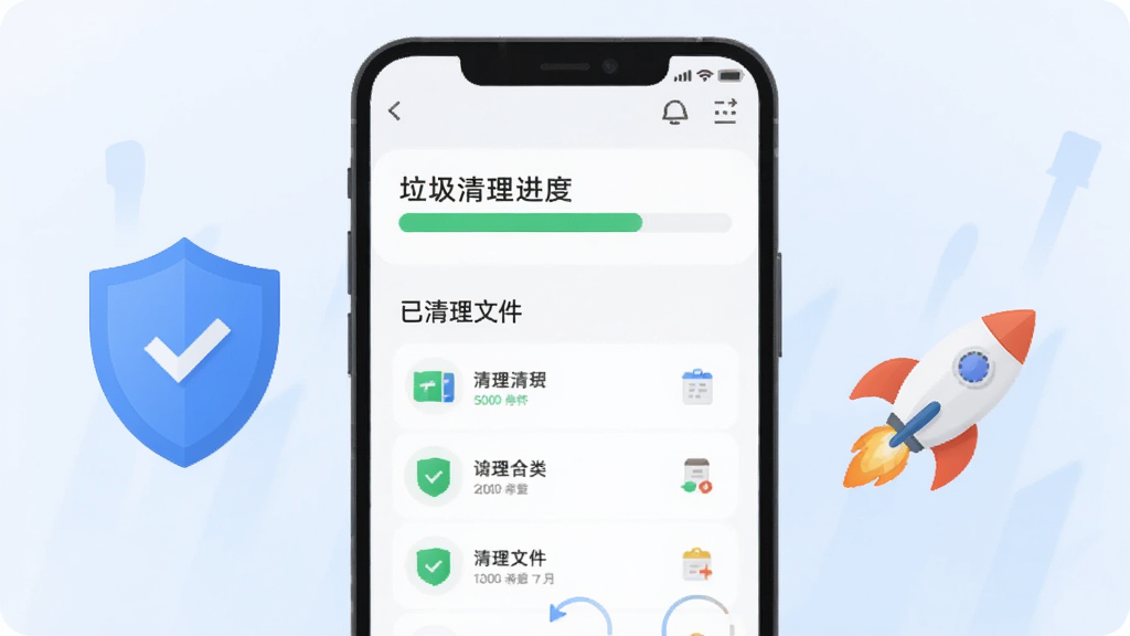 手机管家安全卫士功能展示图,画面中心是一部手机,屏幕内显示垃圾清理进度条和已清理文件分类列表,旁边漂浮着盾牌图标和加速火箭图标,背景为淡蓝色渐变,风格扁平化,画质干净无多余元素。