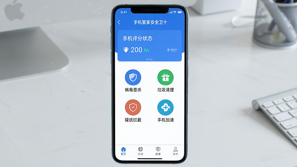 手机管家安全卫士软件主界面截图,画面中央展示手机屏幕,屏幕内是蓝白配色的安全防护应用首页,顶部显示安全评分和手机状态,中间排列着病毒查杀、垃圾清理、骚扰拦截、手机加速四个圆形功能图标,底部是导航栏,背景为浅灰色办公桌面,风格简洁现代,画质干净清晰无多余元素。