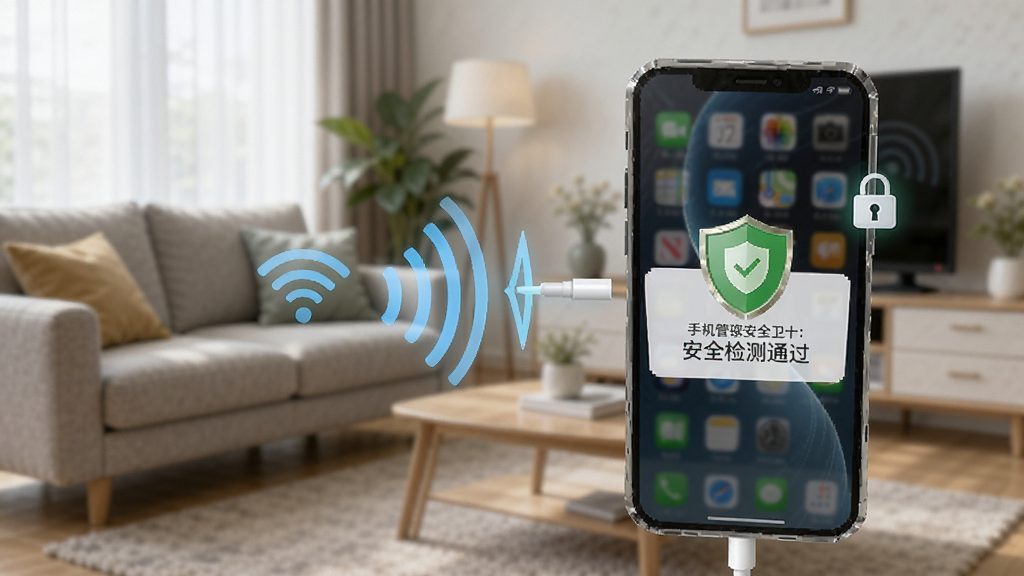 手机管家安全卫士安全防护场景图,画面展示一部手机正在连接WiFi,屏幕弹出安全检测通过的绿色盾牌提示,旁边有信号波纹和锁形图标,背景为家庭客厅环境,风格写实,画质清晰干净。