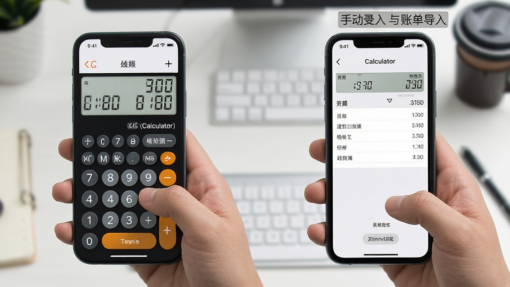 记账计算器(Calculator) 手机记账界面操作演示 手动录入与账单导入对比图