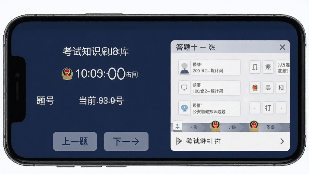 ��������֪ʶˢ���APP��ģ�⿼�Խ��棬�ֻ���Ļ��ʾ���Ե���ʱ����ǰ��źʹ��⿨���򣬵ײ�����һ����һ�ⰴť������������ɫ����ģʽ�����ְ�ɫ������������רҵ�������������޶���Ԫ�ء�