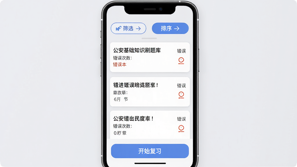 ��������֪ʶˢ���APP�Ĵ��Ȿ���棬�ֻ���Ļ��ʾ�����б���ÿ�����Ա߱�ע��������������½ڣ�������ɸѡ������ť���ײ��п�ʼ��ϰ��ť��������ǳ��ɫ����Ƭʽ��ƣ�������������������ʵ�ã����ʸɾ����޶���Ԫ�ء�