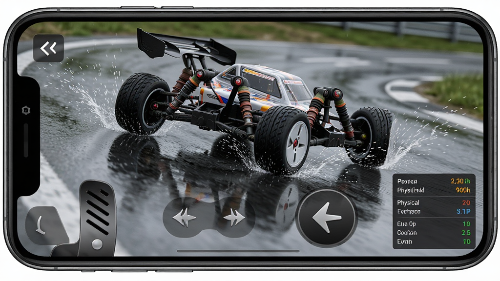 一张展示R/CRACING软件内物理操控界面的特写图。画面主体是手机屏幕,屏幕上显示一辆遥控车正在湿滑路面上过弯,车身有明显侧倾,轮胎与地面接触处有水花飞溅效果。布局上,屏幕下方是虚拟油门和方向控制区,右侧有实时物理参数小面板。排版简洁,以屏幕内容为主。风格为写实模拟风,强调物理细节。细节包括轮胎纹理、水花粒子、车身反光。画质1080P以上,干净清晰,无多余界面元素。