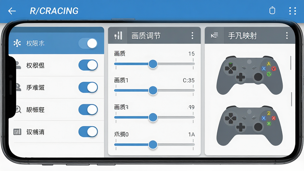 一张展示R/CRACING安卓手机端设置界面的截图风格图。画面主体是手机屏幕,屏幕上显示权限管理、画质调节和手柄映射三个设置板块。布局上,左侧是权限开关列表,中间是画质滑块,右侧是手柄按键映射示意图。排版整齐,图标清晰。风格为现代扁平UI风,蓝灰配色。细节包括开关按钮的高亮状态、滑块刻度、手柄图标。画质清晰,无多余装饰。
