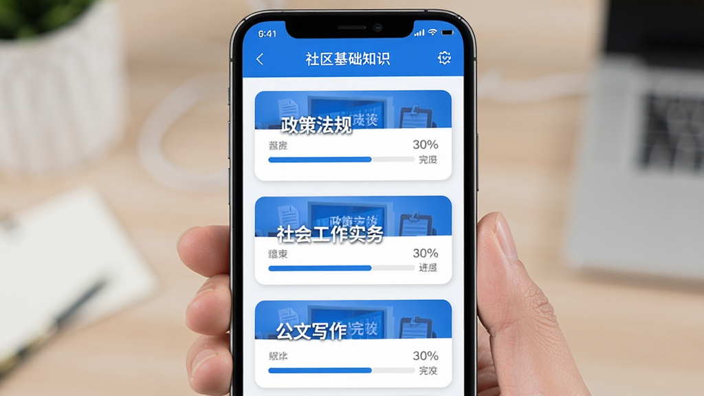 社区工作者刷题库章节练习界面,手机屏幕显示多个章节卡片,卡片上有“社区基础知识”“政策法规”“社会工作实务”“公文写作”等文字标签,每个卡片下方有进度条显示完成百分比,整体排版整齐,蓝白配色,风格简洁现代,画质干净无多余元素