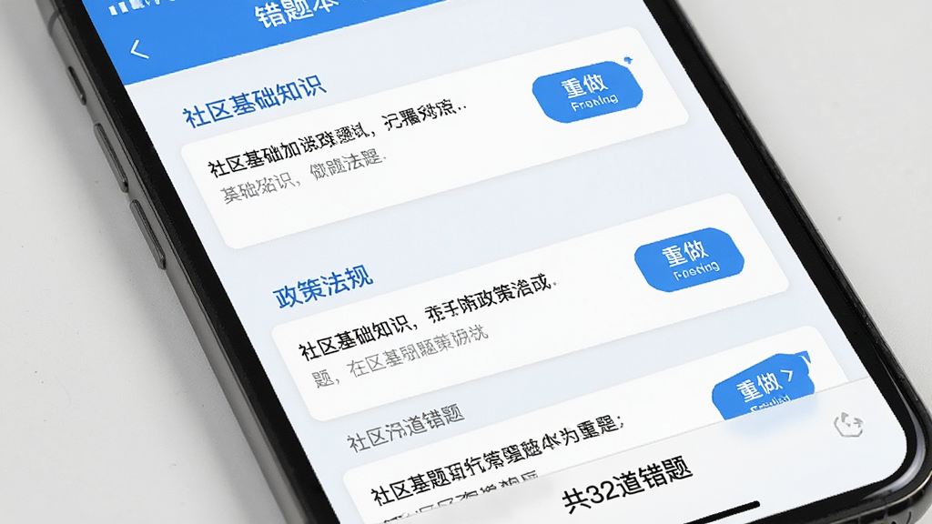 社区工作者刷题库错题本界面,手机屏幕显示错题列表按知识点分组,每组标题如“社区基础知识”“政策法规”,下方有题目摘要和“重做”按钮,页面底部显示“共32道错题”,界面清爽,蓝白配色,画质干净无多余元素