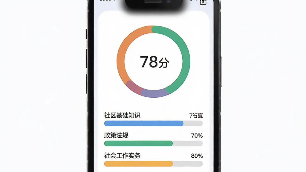 社区工作者刷题库模拟考试结果页面,手机屏幕显示环形分数图,中间写“78分”,下方列出“社区基础知识”“政策法规”“社会工作实务”三个模块的得分条,颜色区分掌握程度,界面风格现代扁平,文字标签清晰,画质干净无多余元素