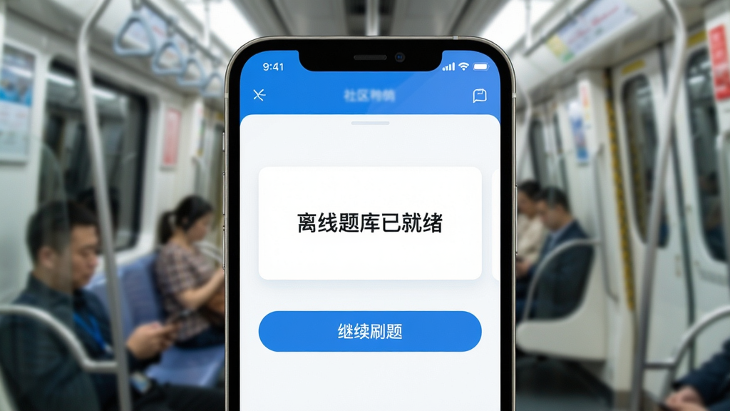 社区工作者刷题库离线模式提示界面,手机屏幕显示“离线题库已就绪”提示卡片,下方有“继续刷题”按钮,背景是地铁车厢场景虚化,手机屏幕明亮清晰,界面简洁,蓝白配色,画质干净无多余元素