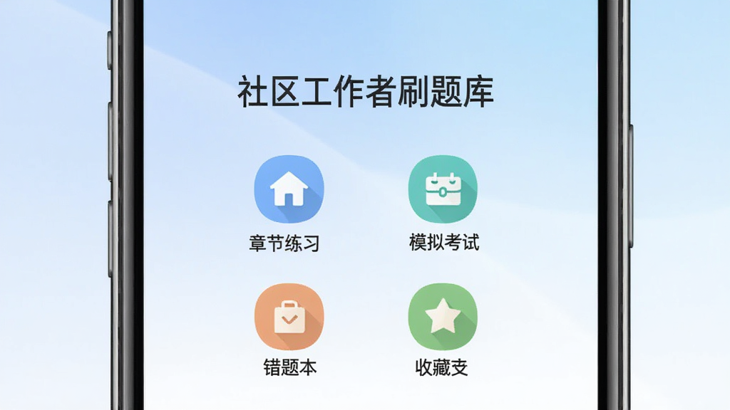 社区工作者刷题库应用主界面展示,手机屏幕居中,屏幕内显示“社区工作者刷题库”字样,下方排列章节练习、模拟考试、错题本、收藏夹四个功能入口图标,背景是柔和的蓝白渐变,界面干净无广告,扁平化设计风格,画质清晰,无多余元素