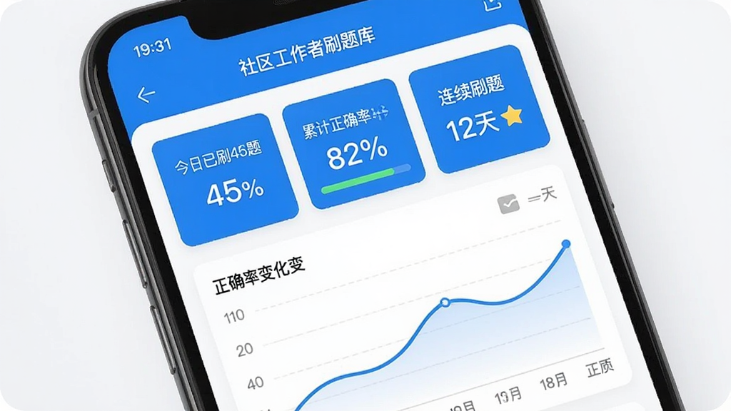 社区工作者刷题库学习数据统计页面,手机屏幕显示“今日已刷45题”“累计正确率82%”“连续刷题12天”三个数据卡片,下方有正确率变化折线图,界面风格清爽,蓝白配色,画质干净无多余元素