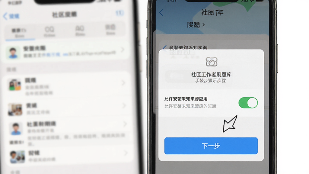社区工作者刷题库新手安装步骤示意图,手机屏幕显示安装权限开启界面,标注“允许安装未知来源应用”开关已打开,旁边有箭头指向“下一步”按钮,背景是手机设置菜单虚化,界面清晰,画质干净无多余元素