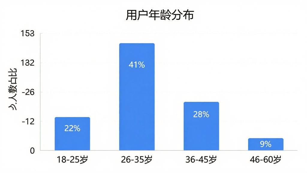 社区工作者刷题库用户年龄分布柱状图,横轴标注“18-25岁”“26-35岁”“36-45岁”“46-60岁”,纵轴标注人数占比,柱子显示“22%”“41%”“28%”“9%”,图表标题“用户年龄分布”,配色蓝白为主,风格简洁现代,画质干净无多余元素